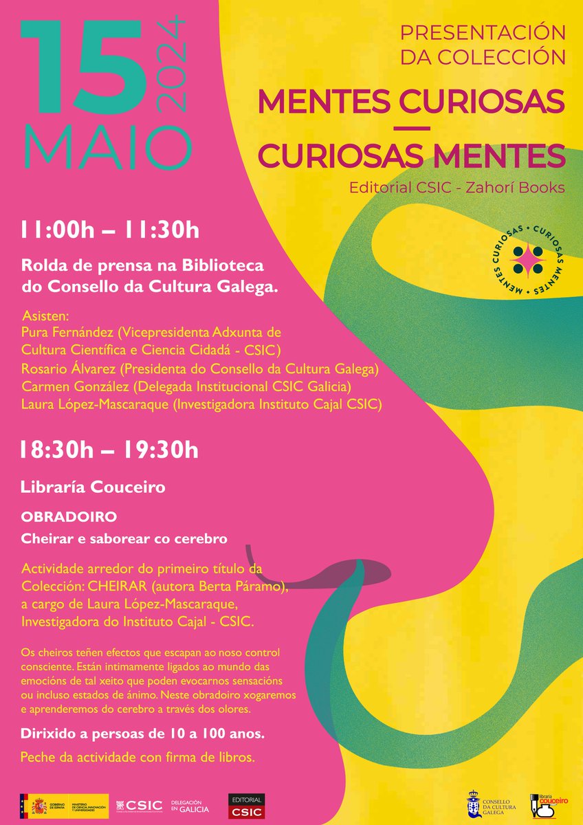 Mañá, no marco do Día das Letras Galegas, presentamos en Santiago a colección de divulgación MENTES CURIOSAS-CURIOSAS MENTES en galego. Os actos serán en @consellocultura e @LibrariCouceiro. Visitan Galicia para iso Pura Fernández @CSICdivulga e Laura López @InstitutoCajal.