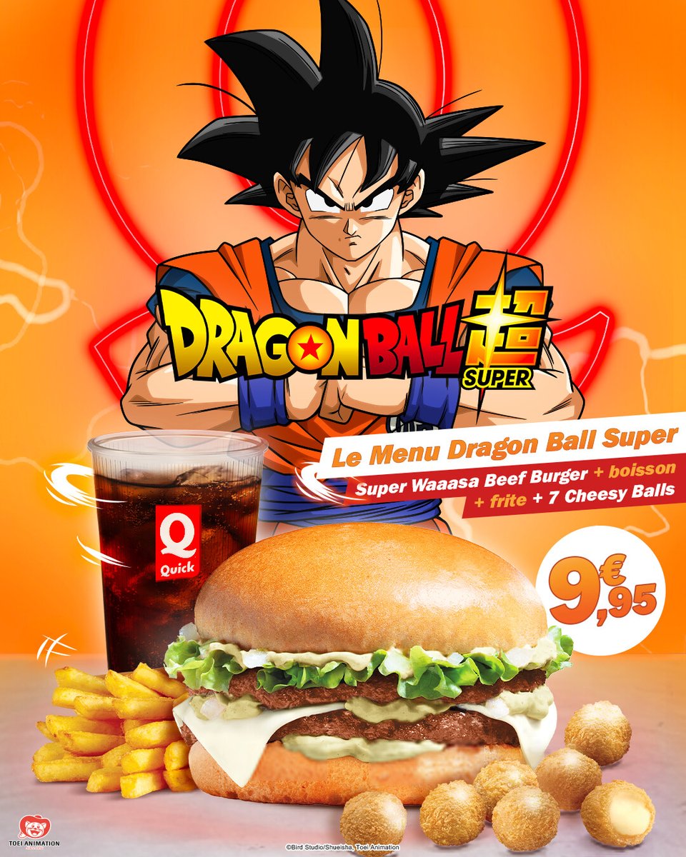 Le Menu Dragon Ball Super débarque chez Quick 😍 🐉 Avec en exclusivité le Super Waaasa Beef Burger, une boisson, des frites et 7 Cheesy Balls… préparez vos papilles ça va faire des étincelles ️⚡