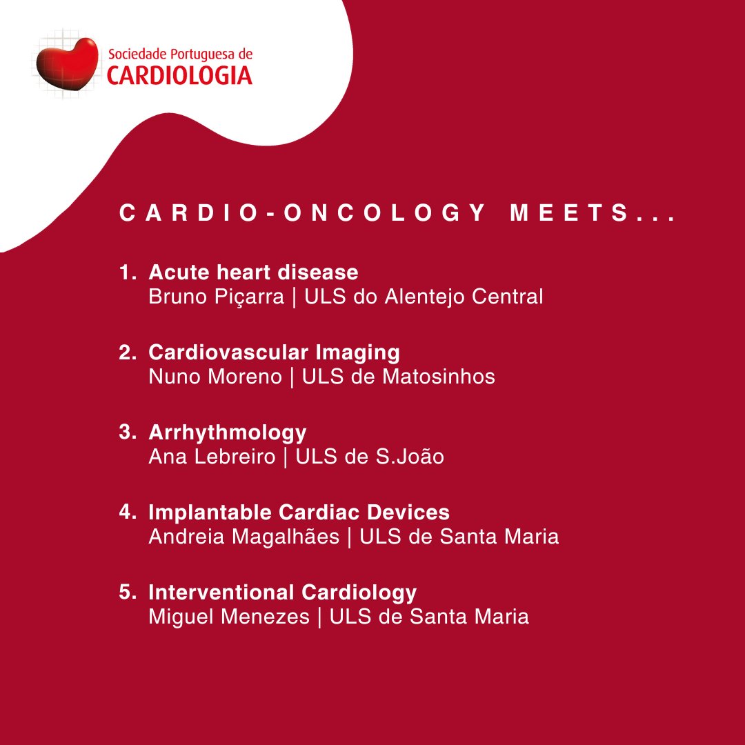 Participe no webinar 'As várias faces da cardio-oncologia', uma iniciativa do Grupo de Estudo de Cardio-Oncologia da SPC, no próximo dia 29 de maio, às 18h00. 

Junte-se a nós presencialmente na Casa do Coração, em Lisboa, ou assista online a esta certamente interessante