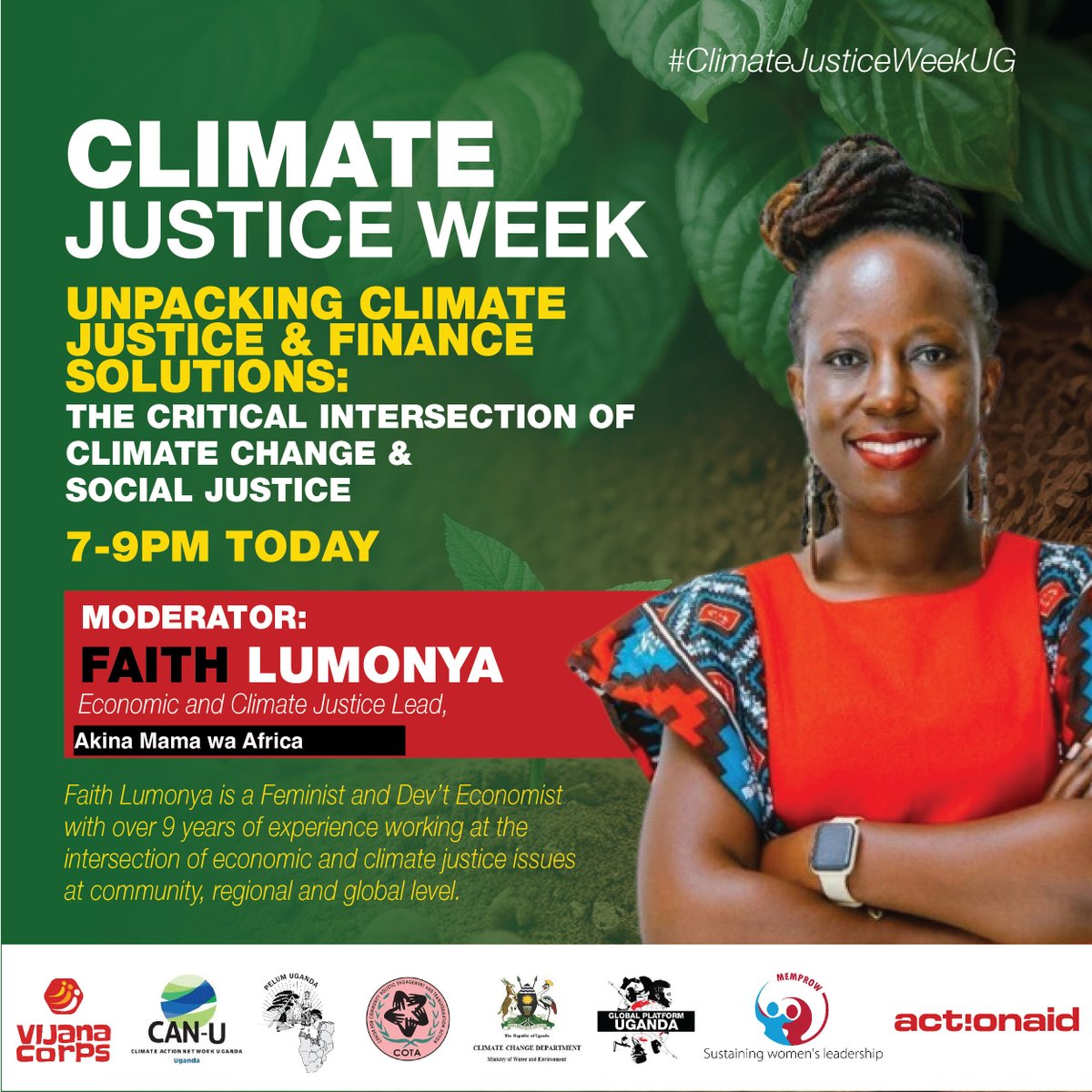 Meet our moderator! Faith is a feminist and development economist with over 9 years of experience working at the intersection of economic and climate justice issues at community, regional and global level. Join the discussion from 7-9pm #ClimateJusticeUg #FixtheFinance