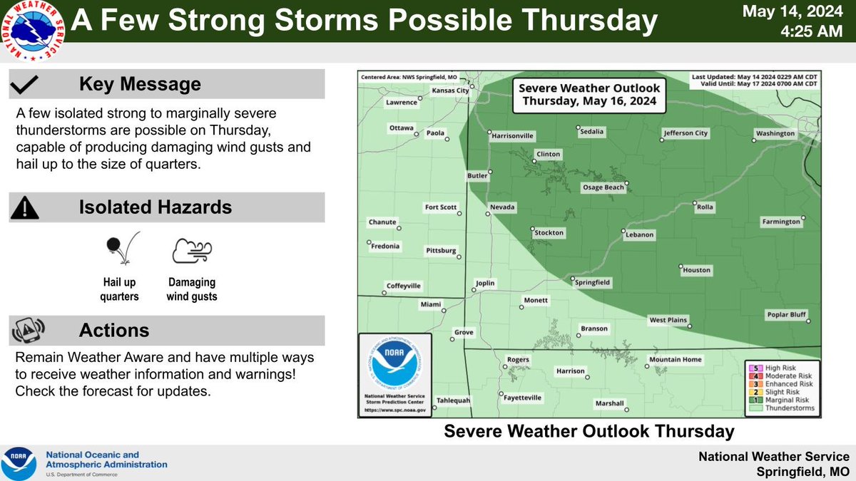 A few isolated strong to marginally severe thunderstorms are possible on Thursday, capable of producing damaging wind gusts and hail up to the size of quarters.