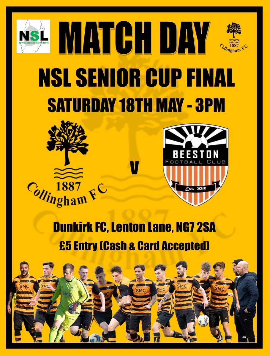 🟡⚫️ CUP FINAL MATCH DAY ⚫️🟡 🆚 @BeestonFC1st 🏆 @NottsSeniorLge Senior Cup Final ⏰ 3pm 🏟️ Dunkirk FC, Lenton Lane, NG7 2SA 🎟 £5