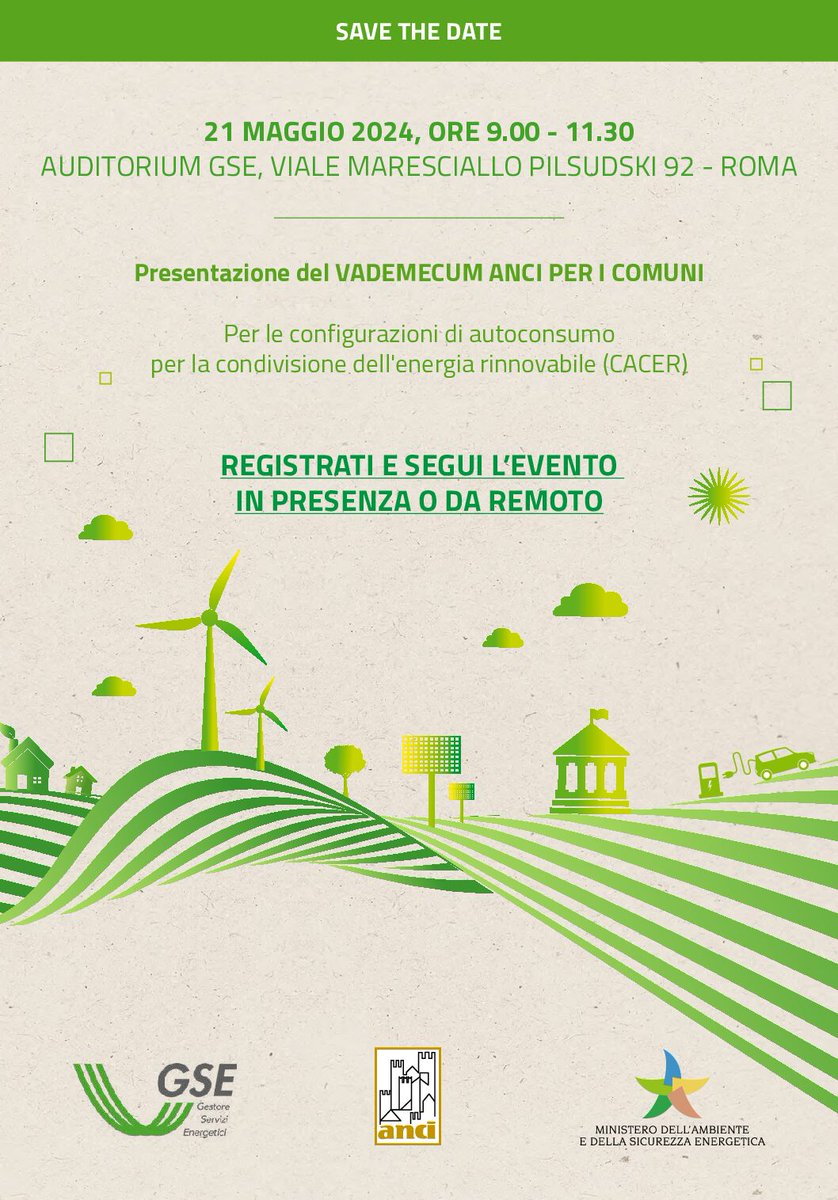 ✏️ Segna in agenda > martedì 21 maggio h 9 a Roma presso l’Auditorium @GSErinnovabili presentiamo il Vademecum Anci per i Comuni per le configurazioni di autoconsumo per la condivisione dell'energia rinnovabile (CACER). 📷Iscriviti qui > anci.it/energie-rinnov…