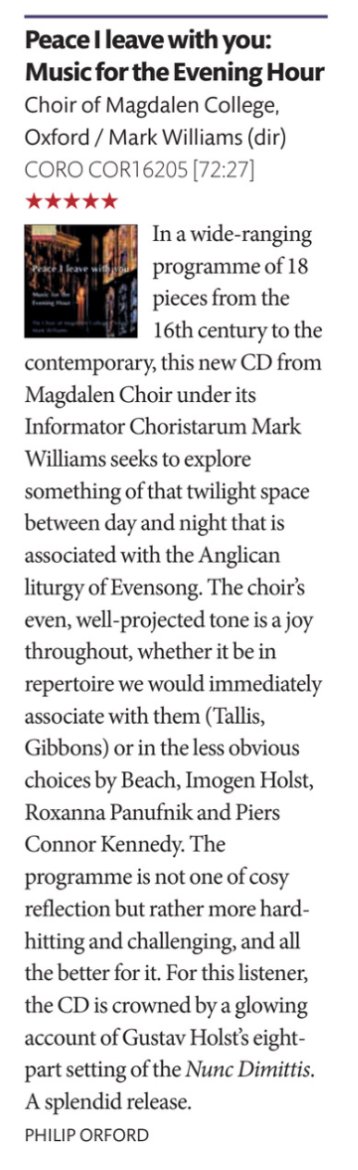 Thank you to @ChoirandOrgan for this generous review of our latest recording, available online and in shops now! orcd.co/magdalenpeace