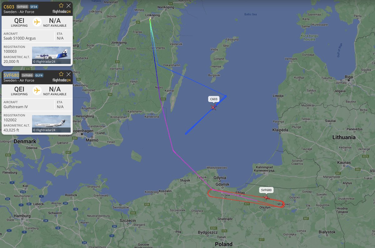 #SAF 2x swedish air force aircraft departures from linkoping, saab 340 AEW&C over the baltic sea. #C603 gulfstream IV-SP (S102B korpen) operating back and fourth over the polish northern border, not far from kaliningrad. #SVF680