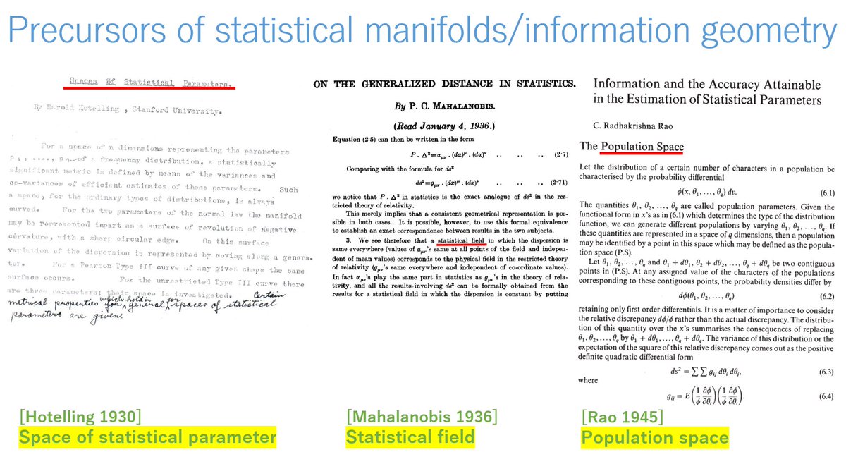 Precursors of statistical manifolds in information geometry: - Space of statistical parameters by Hotelling (1930) - Statistical field by Mahalanobis (1936) - Population space by Rao (1945) 2 meanings for statistical manifolds: -mfd of statistical models -mfd with dual structure