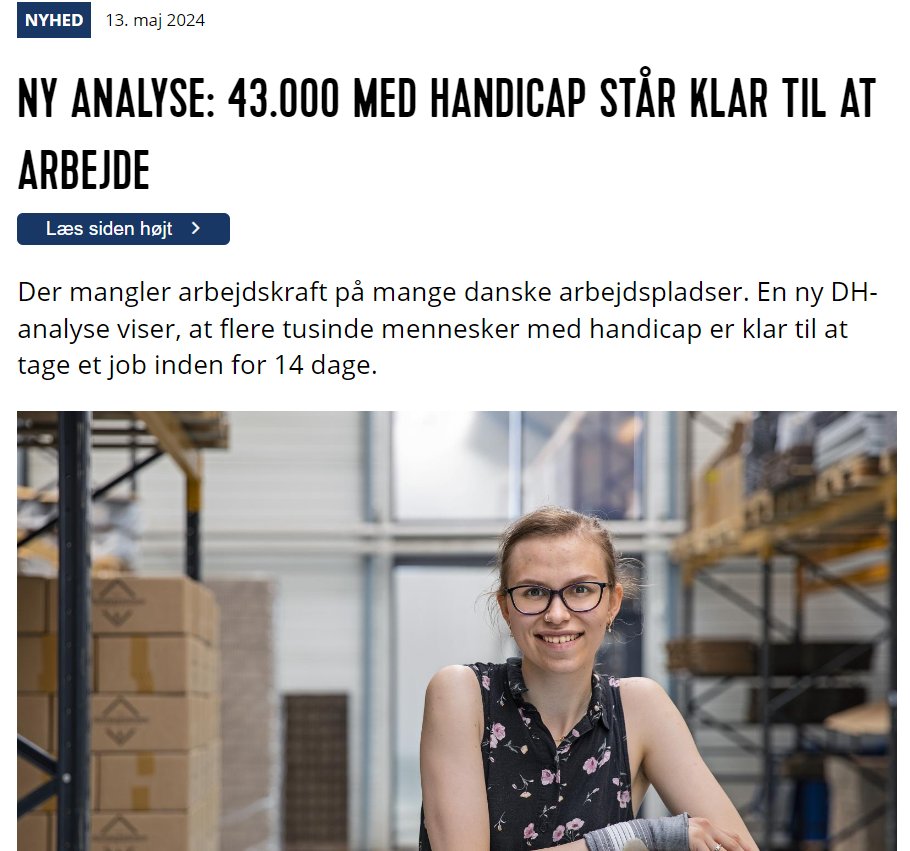 Vigtig analyse fra <a href="/handicapdk/">Danske Handicaporganisationer</a>
43.000 personer med handicap er klar til at træde ind på arbejdsmarkedet inden for blot to uger! Det kræver, at vi skaber mere diverse og inkluderende arbejdspladser med større fleksibilitet, forståelse for individuelle behov og et opgør med