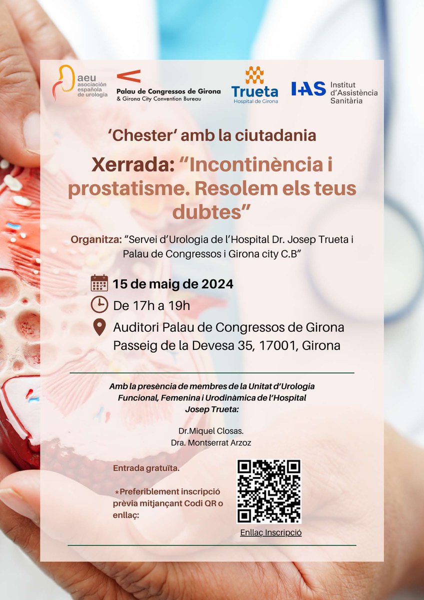 Demà dimecres 15 de maig, sessió oberta a la ciutadania sobre incontinència i prostatisme, a càrrec del Dr Miquel Closas i la Dra Montzerrat Arzoz, al @palco_gi 👇