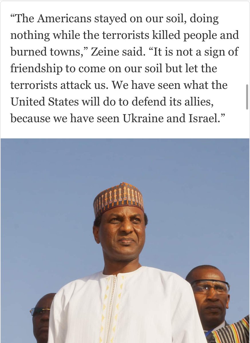 In a ⁦⁦@washingtonpost⁩ interview, Niger’s PM Ali Zeine detailed the extent of Niger’s frustrations with the United States and the level of disconnect between the two countries as they negotiated over the U.S. security presence, which is set to draw down in coming months