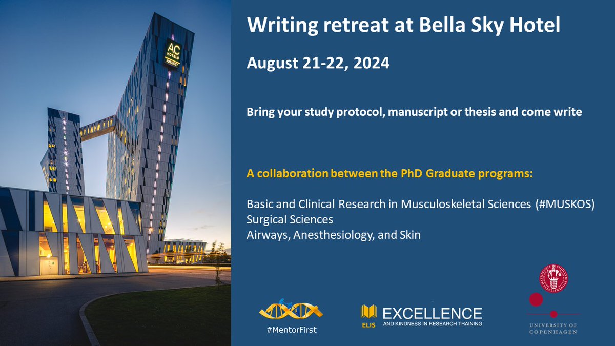 🔊 Registration is now open for the 2024 Bella Sky Writing Retreat

Registration: phd-musculoskeletal.ku.dk

A collaboration between @UCPH_health PhD Programmes: #MUSKOS, Surgical Sciences, and Airways, Anethesiology and Skin. 

#MUSKOS: Different groups - same program