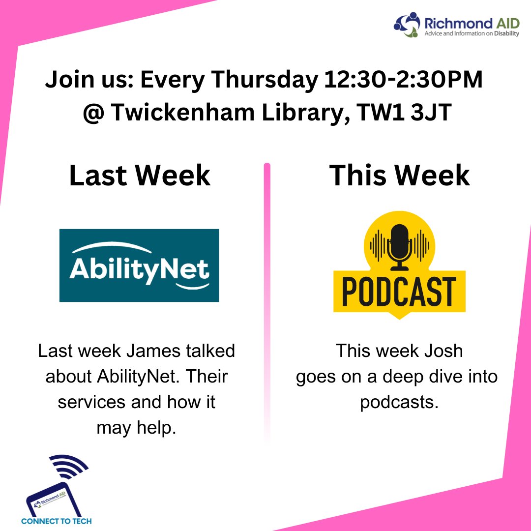 Join us for Thursday's Connect to Tech session - deep dive into podcasts, 12:30-2:30 PM, Twickenham Library, TW1 3JT Find out more by emailing Josh & James: connecttotech@richmondaid.org.uk Everyone welcome - see you there! #richmondaid #connecttotech #TechTraining #thursday