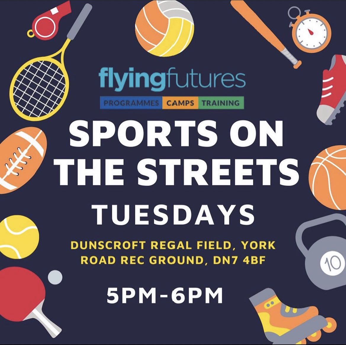 Sports on the Streets! FREE sports clubs, no need to book, just turn up. Tonight (Tuesdays) in Dunscroft, Dunscroft Regal field, York Road Rec Ground, DN7 4BF Tuesdays: 5:00-6:00pm #flyingfutures #sports #sportsonthestreets #free #youthwork #dunscroft