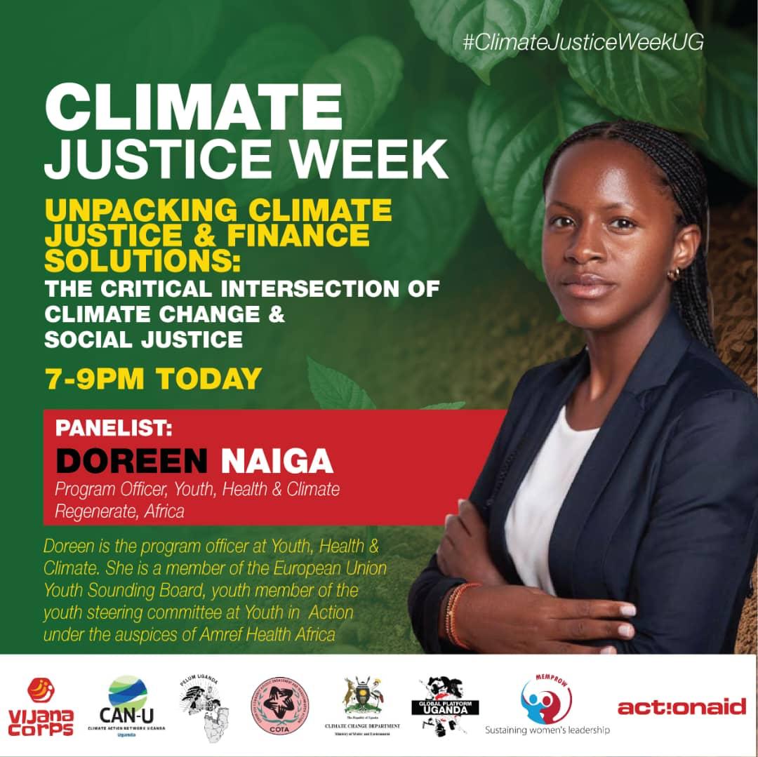 Meet our panelists. Doreen is the program officer at Youth, Health and Climate, Regenerate Africa. She is a member of the European Union Youth Sounding Board. Follow the link to set a reminder: 7-9pm. x.com/i/spaces/1mnxe… #ClimateJusticeWeekUg #FundOurFuture #FixtheFinance