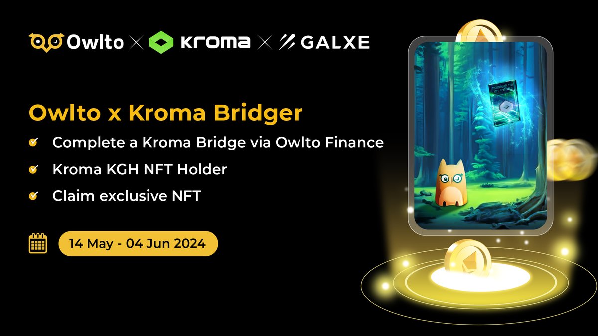 Owlto_Finance's tweet image. For Owltors joining the Kroma Spectrum campaign, bridge your assets to @kroma_network via Owlto so you will receive KSP plus a delicate Kroma Bridger NFT! 🎉

KGH NFT holders can claim the NFT directly! 🎁

Click the link and join now: app.galxe.com/quest/OwltoFin…