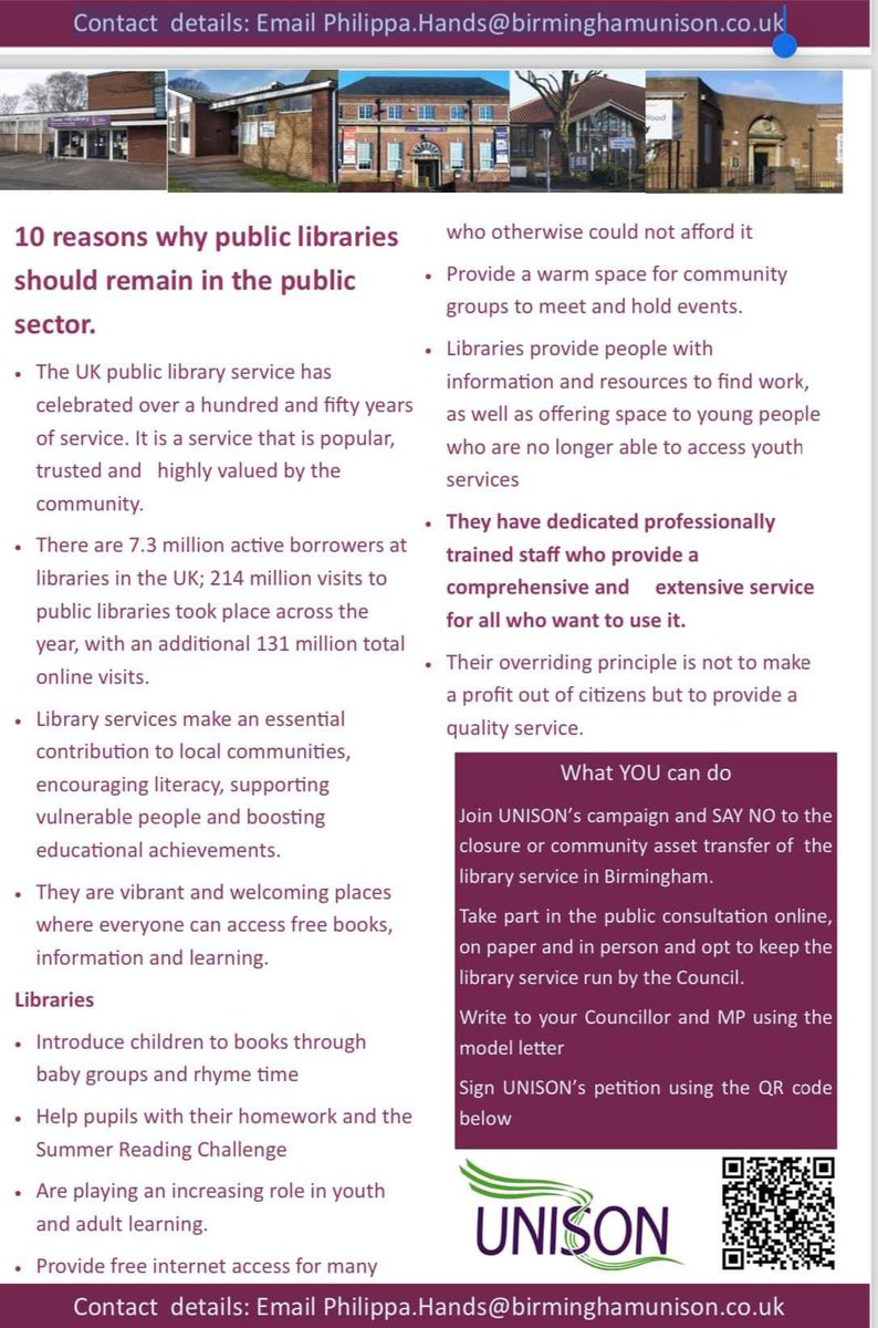 SAY NO! To the closure or community asset transfer of Birmingham Libraries; 10 reasons why public libraries should remain in the public sector.
Solidarity to Birmingham Unison ✊️
@BrumLibraries 
#savebirminghamlibraries