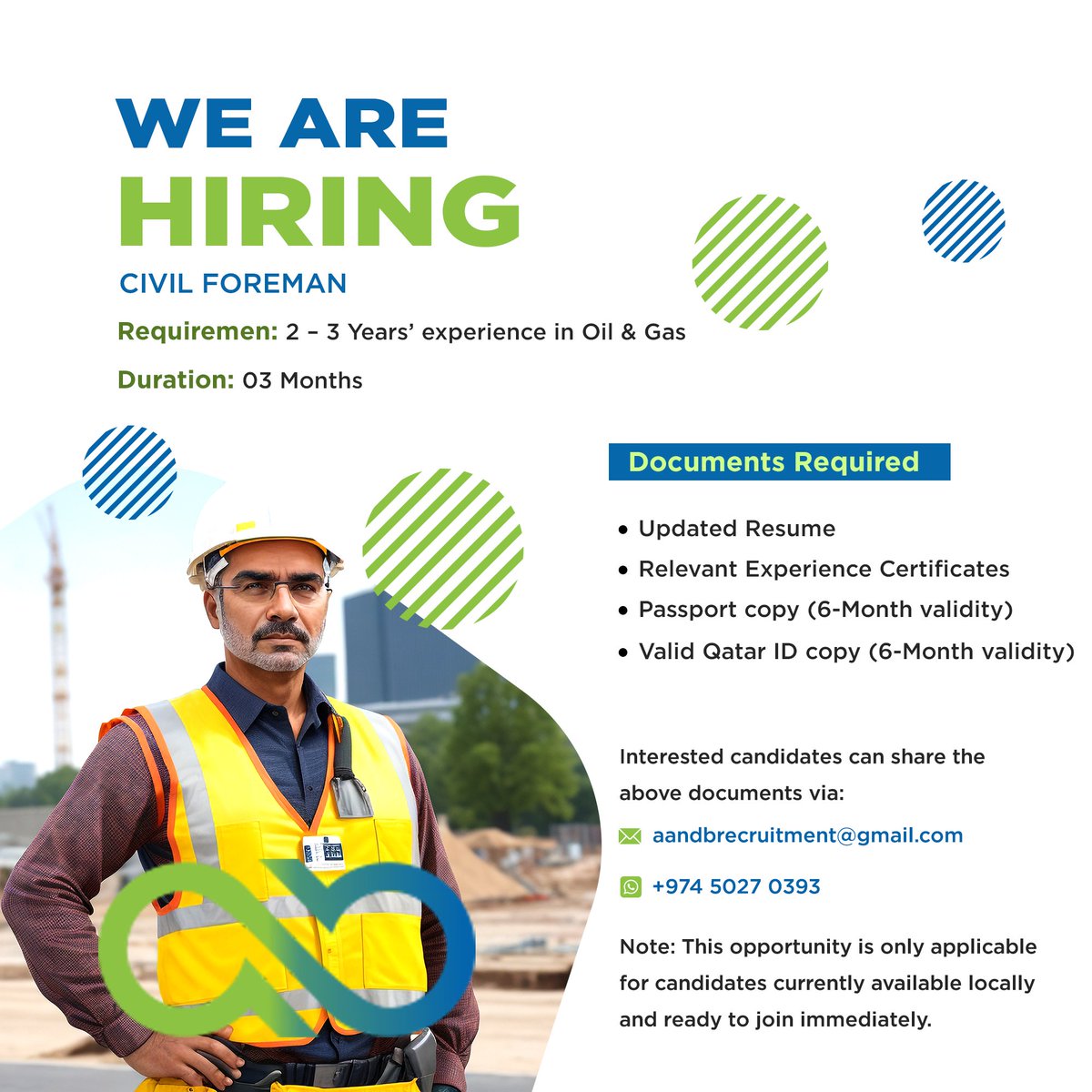 Open position for Civil Foreman role in Qatar. 
To apply, send your resume to aandbrecruitment@gmail.com or contact +974 - 50270393
.
.
.
#AandBprojects #Qatar #oilandgas #Doha #jobseekers