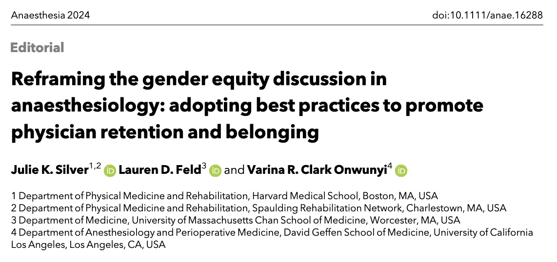 𝘈𝘯𝘢𝘦𝘴𝘵𝘩𝘦𝘴𝘪𝘢 (@anaes_journal) on Twitter photo We don't need to fix women.
We need to fix the places women work.
Best practices avoid blaming women for structural issues & instead focus on how policies, procedures and practices can support them.
<a href="/JulieSilverMD/">Julie Silver, MD</a> <a href="/LaurenFeldMD/">Lauren Feld</a> <a href="/VRClarkMD/">V R Clark, MD</a>
🔗…-publications.onlinelibrary.wiley.com/doi/10.1111/an… We don't need to fix women.
We need to fix the places women work.
Best practices avoid blaming women for structural issues & instead focus on how policies, procedures and practices can support them.
<a href="/JulieSilverMD/">Julie Silver, MD</a> <a href="/LaurenFeldMD/">Lauren Feld</a> <a href="/VRClarkMD/">V R Clark, MD</a>
🔗…-publications.onlinelibrary.wiley.com/doi/10.1111/an…