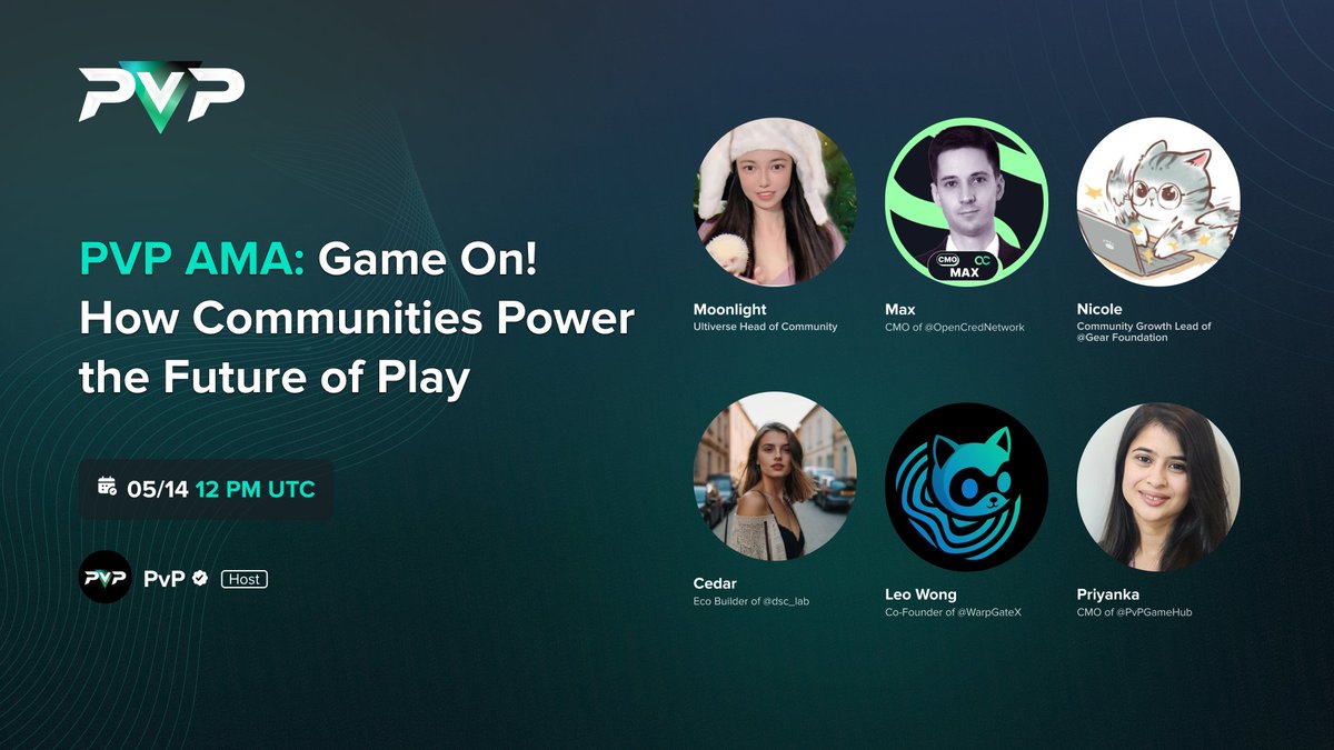 Join us for an exciting AMA session today on 'Game On! How Communities Power the Future of Play' 🚀

📅 Date: May 14  🕛 Time: 12:00 PM UTC

🎙 Host: @PvPGameHub 🤝 Co-Host: @Moon1ightSt 

🌟 Guests:
@MaxBerlinDAO, CMO of @OpenCredNetwork
@trouble_solverr, Community Growth Lead