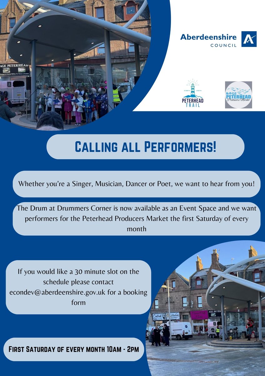 🎗️Reminder - Drummers Corner Event Space Sat. 4 May was a success. Now looking for more performers - singers, musicians, dancers, poets #Peterhead Producers Market takes place 1st Sat. each month. #Aberdeenshire stage opportunities available 📧 econdev@aberdeenshire.gov.uk