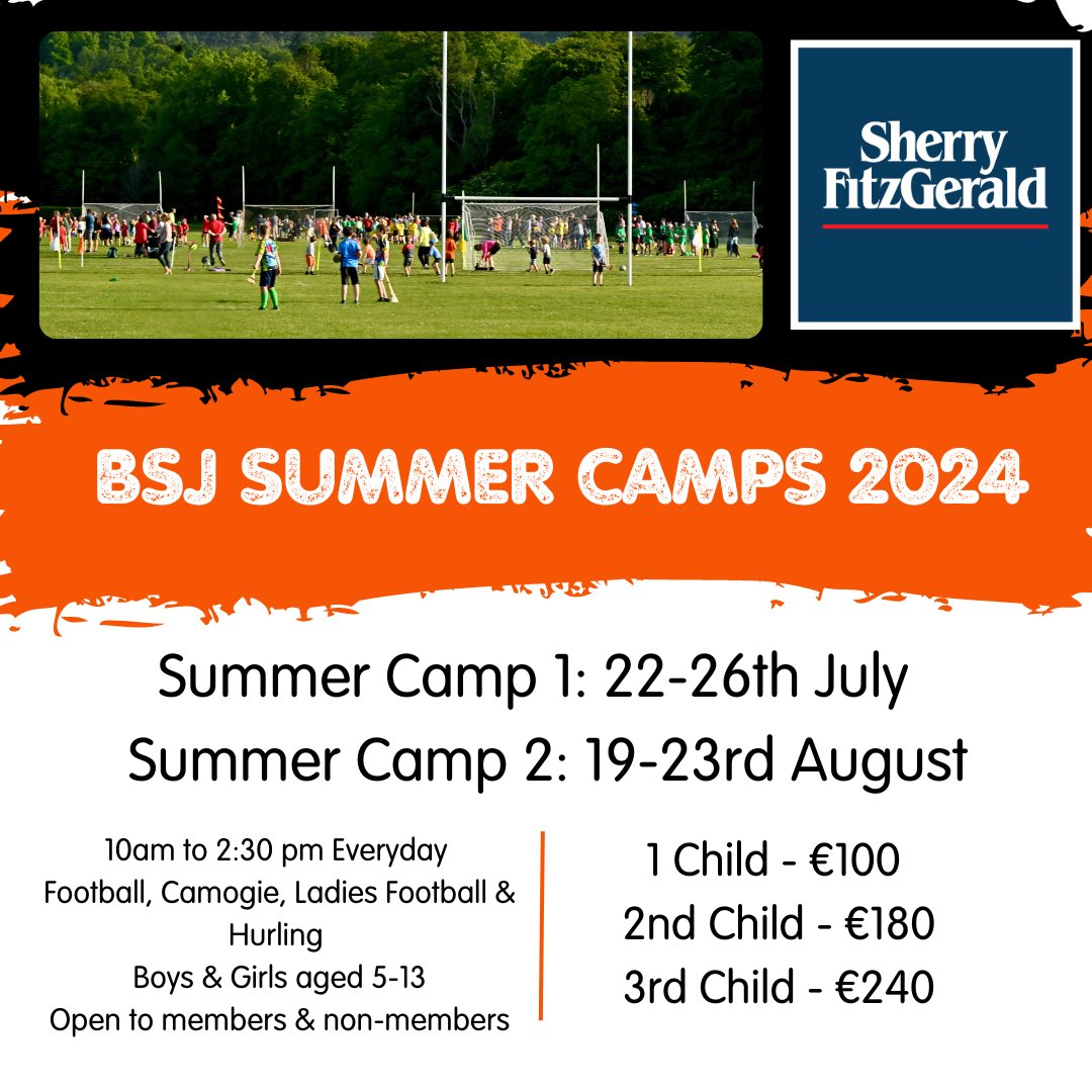 🚨Registration for the highly anticipated 2024 BSJ Summer Camps are now live on ClubZap.

Registration Link: ballinteerstjohns.clubzap.com/products
NOTE: please scroll to the bottom of the page for all camps and options. 

| A huge thanks to @Sherry_Fitz for sponsoring our Summer Camps.