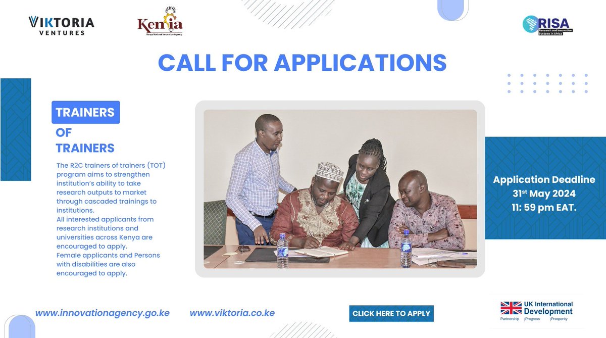 Apply for Research to Commercialisation (R2C), Trainers of Trainers (ToT) Cohort 5❗ Join a select group dedicated to building institutional capacity for research commercialization across Kenya. Apply now at bit.ly/3wlvpX6. Deadline: ⏰ 31st May 2024.