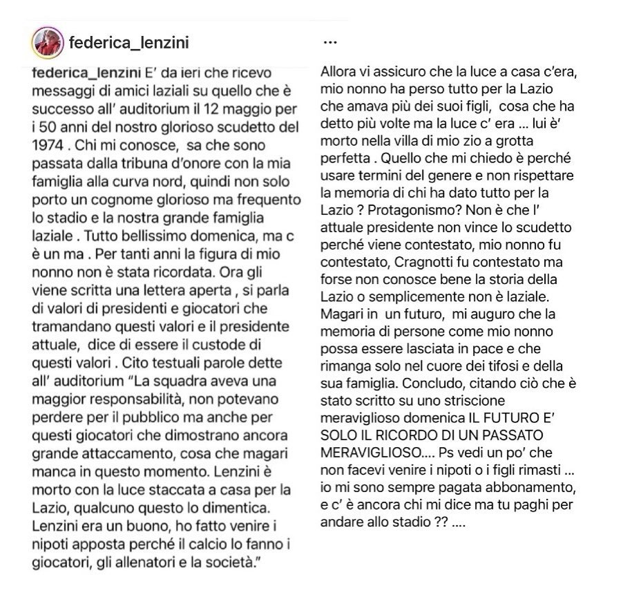 Questo il post della nipote di #Lenzini che fa chiarezza su alcune dichiarazioni di #Lotito: