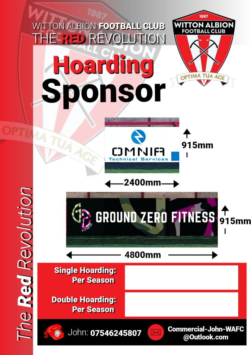➡️ Pitch side, single or double size Hoarding Sponsor, just one of many Sponsor Opportunities we have at Witton Albion FC 🔴⚪️⚽️ ❓️ Do you have a business?, or know someone who has? ✅️ Contact me directly on: ☎️ John: 07546245807 📧 commercial-john-wafc@outlook.com