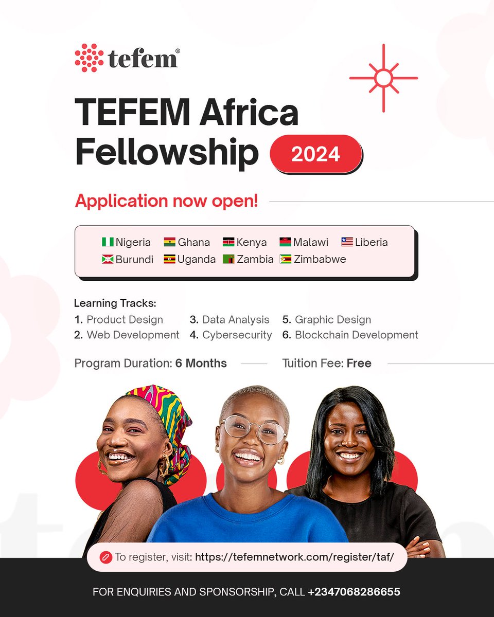 Good News!!
Registration for TAF 2024 starts TODAY! Limited spots available - only 1000 applications will be accepted this year!Don't miss out! Apply now! and join a vibrant community of women in tech! Learn more and register at tefemnetwork.com/register/taf/
#TEFEMAfricaFellowship