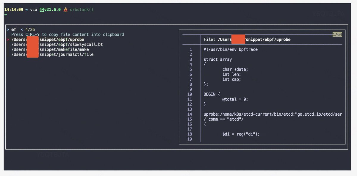 分享个tmux tips检索快照 tmux popup -xC -yC -w100% -h75% -E 'fd . ~/Desktop --type f | fzf --preview='bat --color always {}' --reverse --inline-info --bind 'ctrl-y:execute-silent(readlink -f {} | cat {} | pbcopy)+abort' --header 'Press CTRL-Y to copy file content into clipboard''