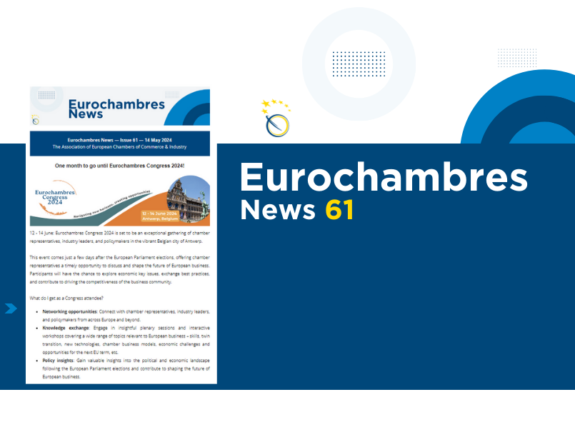 Eurochambres News 61 is out: - #EurochambresCongress2024 12-14 June, Antwerp - #EUelections2024 focus on #skills - EU compulsory licensing joint statement - @EUBusinessHub Launch event - Getting Back to Business EU2024-2029 #Chambers4EU ➡bit.ly/ECHNews61