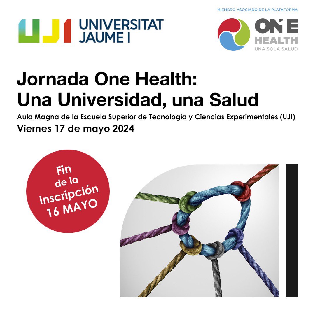 La @UJIuniversitat , como parte de la @Plat_OneHealth, presenta esta jornada que busca dar a conocer el enfoque #OneHealth y sensibilizar sobre la importancia del abordaje multidisciplinar de la #SALUD. Fin de la inscripción: 16/05/2024 ℹ️ cutt.ly/Vee7fRYg