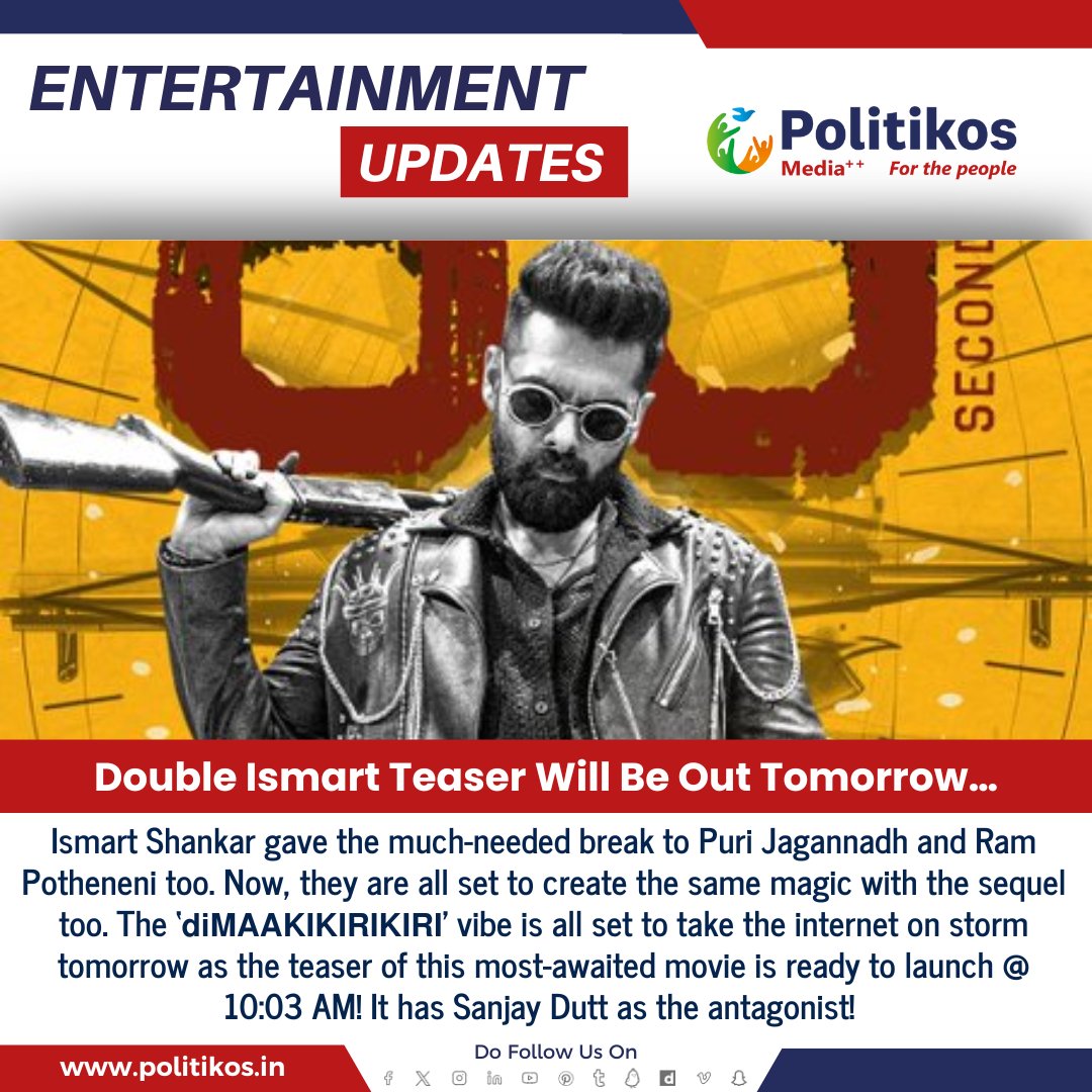 Double Ismart Teaser Will Be Out Tomorrow…
#politikos
#politikosentertainment
#DoubleIsmart
#TeaserLaunch
#Tollywood
#NewMovie
#ExcitingNews
#TeluguCinema
#FilmTeaser
#Entertainment
#ActorLife
#ActressLife