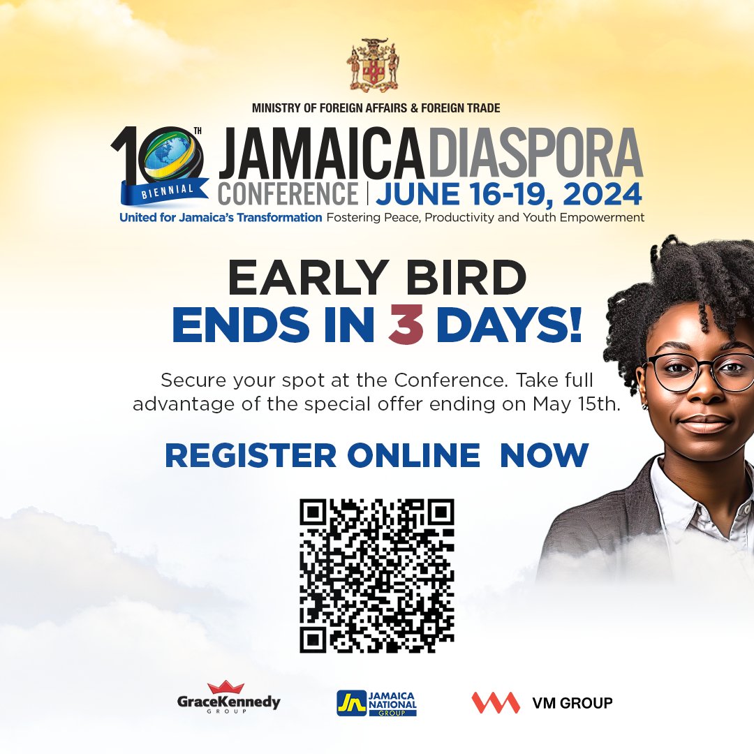 Catch the #earlybird fees for the 10th Biennial Jamaica Diaspora Conference in Montego Bay, Jamaica. 🇯🇲🇯🇲 When: June 16-19 2024 For more info and registration: eventbrite.com/e/10th-biennia…