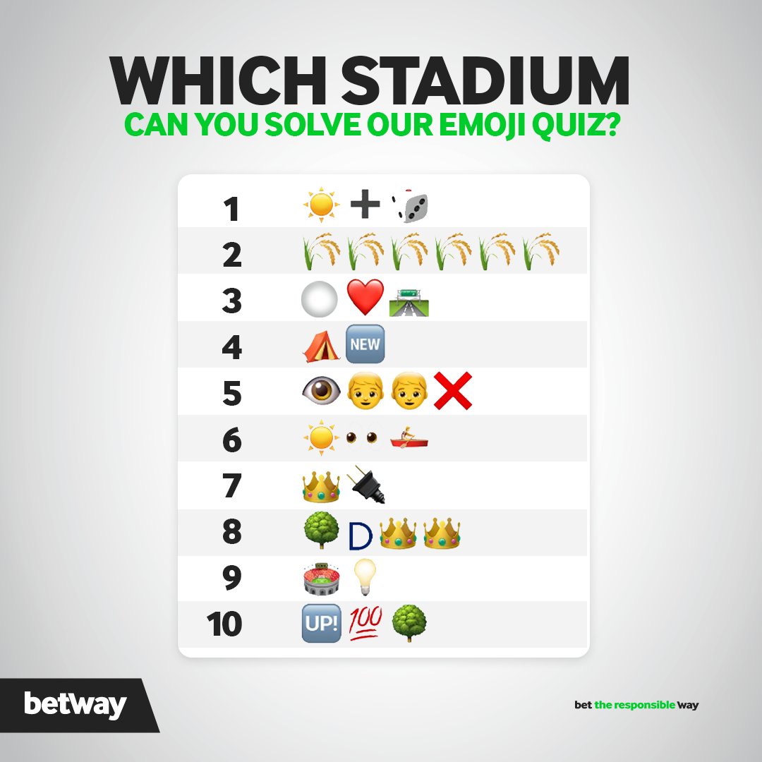 Can you guess these stadiums from the emoji? 👇💬 1. Tannadice 2. Sixfields 3. --------------- 4. --------------- 5. --------------- 6. --------------- 7. --------------- 8. --------------- 9. --------------- 10. --------------- #betwaysquad