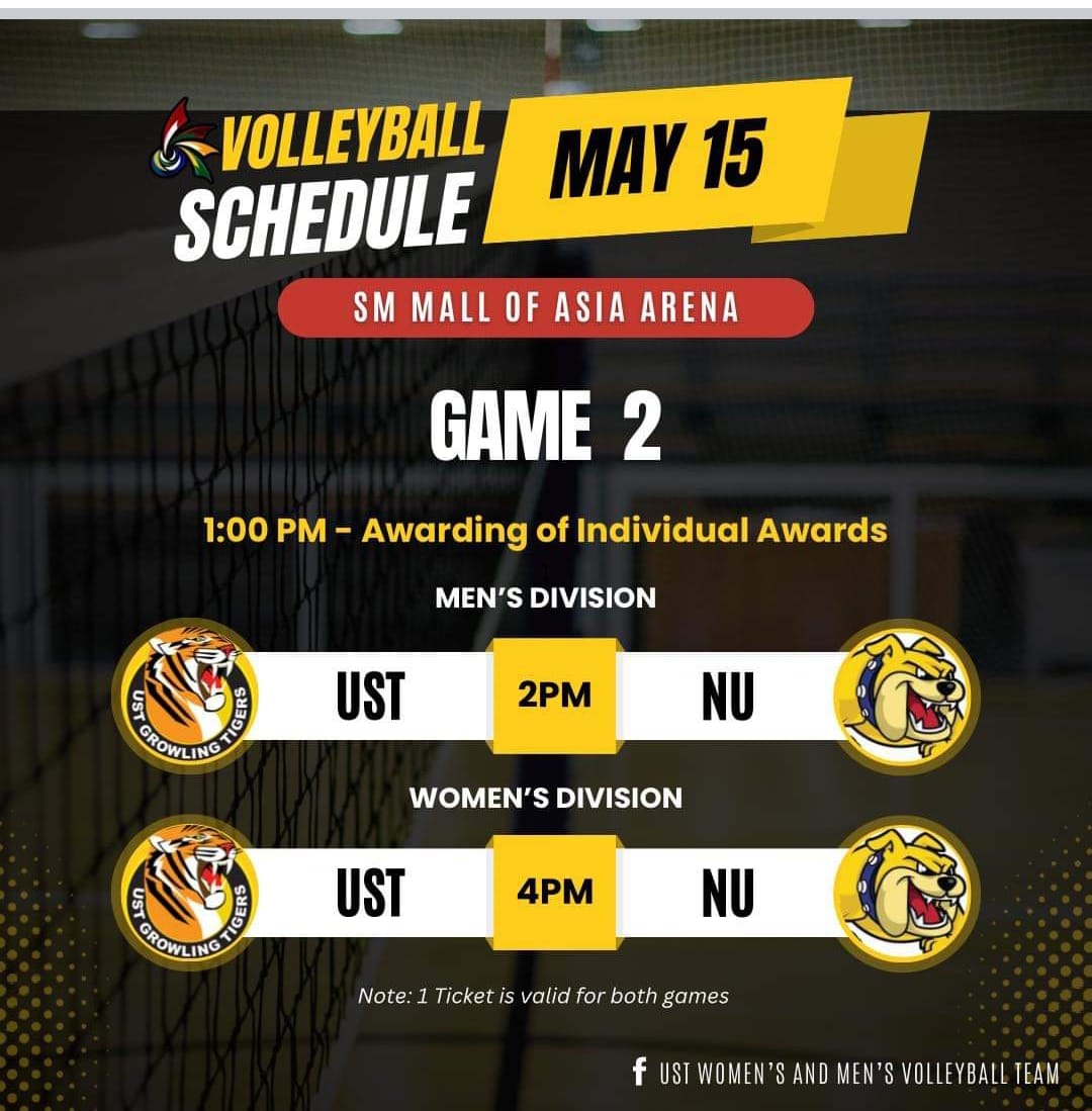 📷 UST vs. NU Schedule of Games for UAAP Season 86 Volleyball Finals
GAME 2
📷SM Mall of Asia Arena
📷 1 PM | Awarding of Individual Awards 📷
📷 2PM | MVT
📷 4PM | WVT
#GoUSTe
#USTGoldenSpikers
#USTGoldenTigresses
#OwnTheCrownUST
#UAAPSeason86