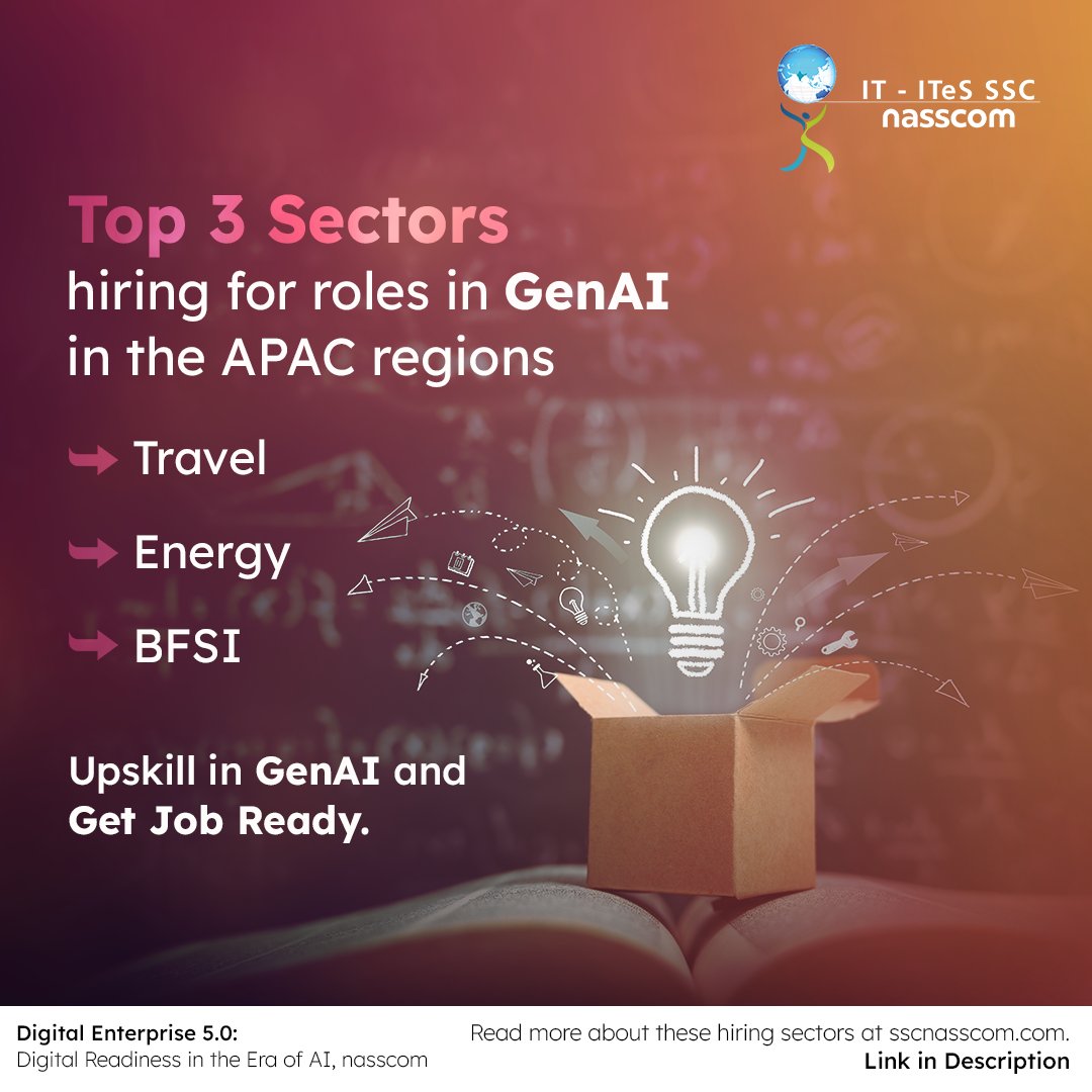 Discover the sectors hiring for the future! GenAI is reshaping industries across APAC, with Travel, Energy, and BFSI leading the charge. Explore the job opportunities in the era of AI. Ready to level up your career? Find out more at sscnasscom.com. #SSCnasscom #BFSI