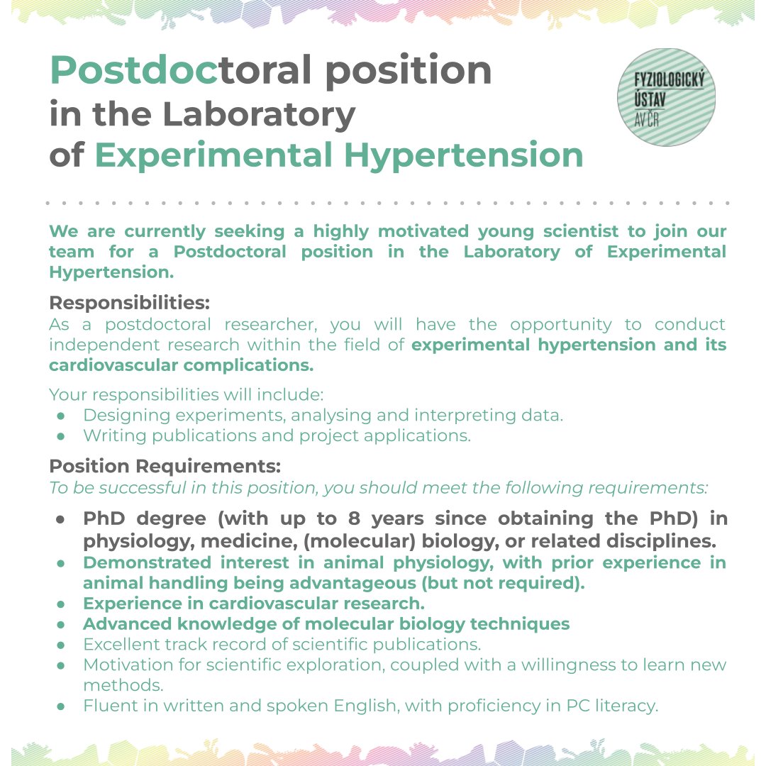 Institute of #Physiology, Czech Academy of Sciences @FGU_AVCR @CzechAcademy is hiring! #Postdoctoral position in the Laboratory of Experimental Hypertension:

researchjobs.cz/xmoOE

#postdoc #postdocjobs #Czechia #medicine #molecularBiology #cardiovascular #research #jobs