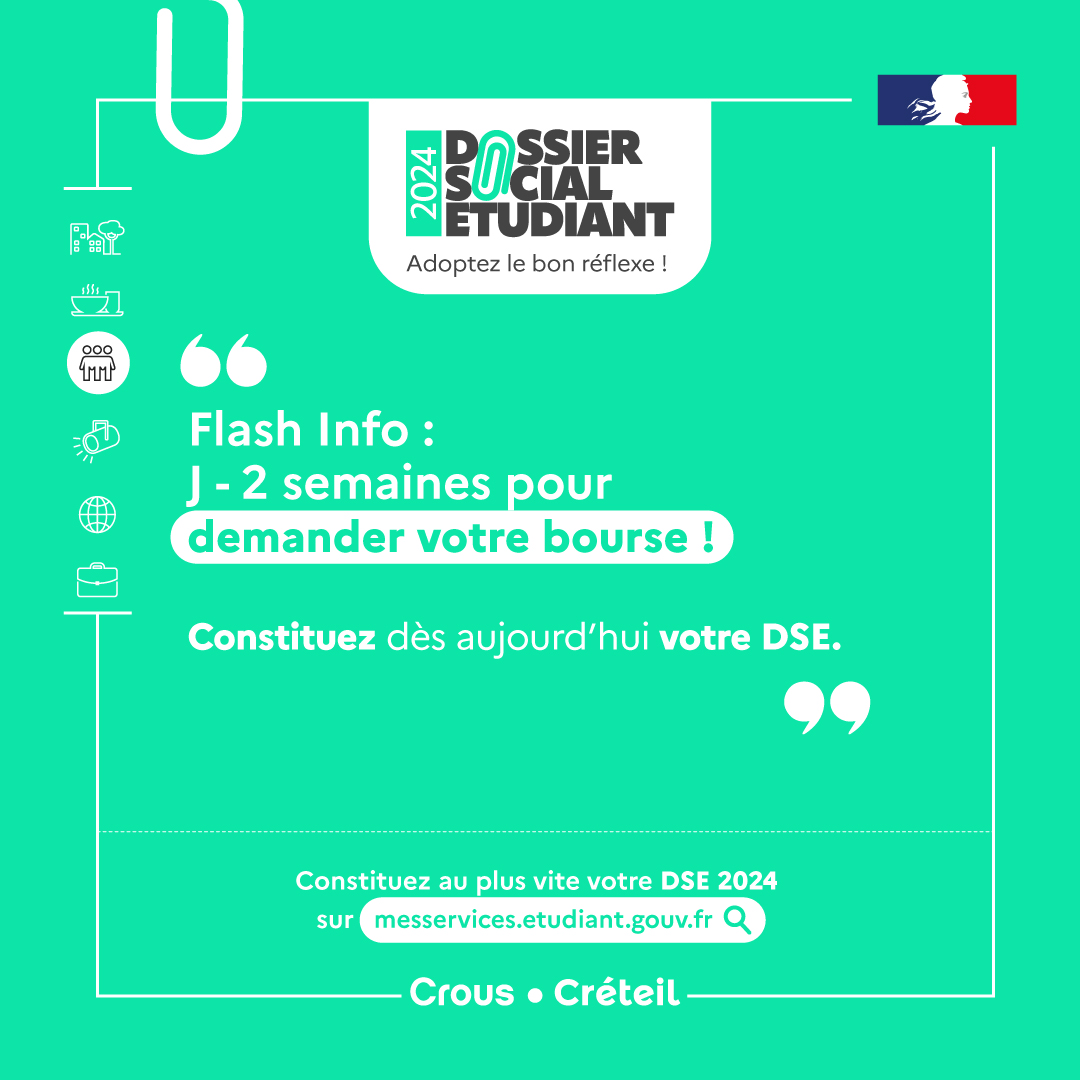 ⏱ J-2 semaines ! Les jours sont comptés alors rendez-vous vite sur messervices.etudiant.gouv.fr pour constituer votre DSE ! 😉 @UPECactus @UnivParis8 @univ_spn @UGustaveEiffel #DSE #bourses #logements #étudiants #parcoursup2024 #parcoursup