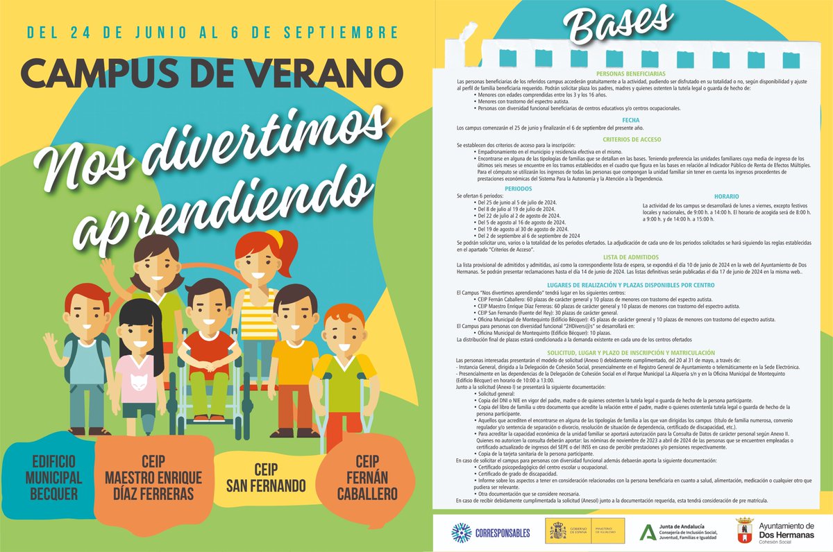 Todo preparado para el comienzo de los Campus de Verano del @aytodoshermanas Bajo el lema “Nos Divertimos Aprendiendo”, los Campus de Verano que pone en marcha la Delegación de Cohesión Social, se celebrarán del 24 de junio al 6 de septiembre, dentro del Plan Corresponsables.