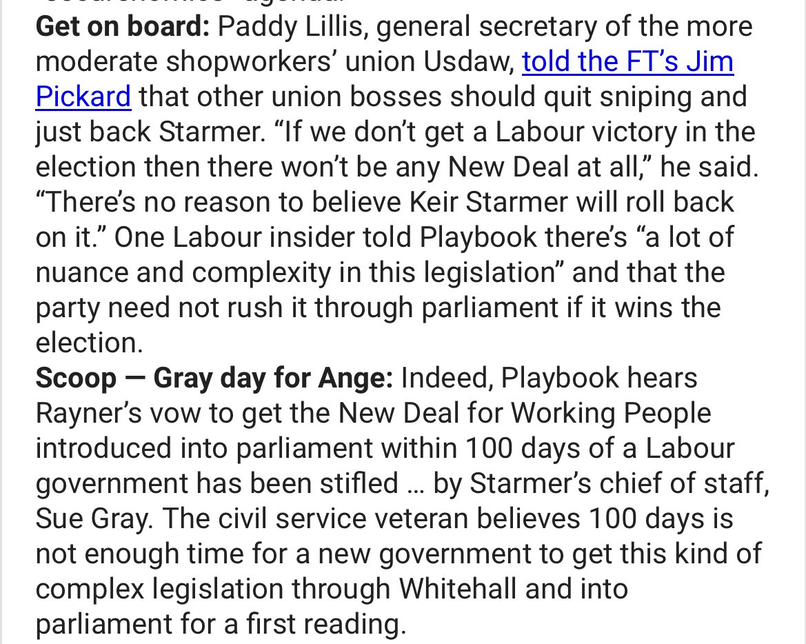 EXCL Sue Gray stifled Angela Rayner’s promise to get the party’s (now watered down) workers’ rights reforms introduced within 100 days of a Labour government. All this and more on today’s showdown meeting between Starmer and the unions in Playbook. politico.eu/newsletter/lon…