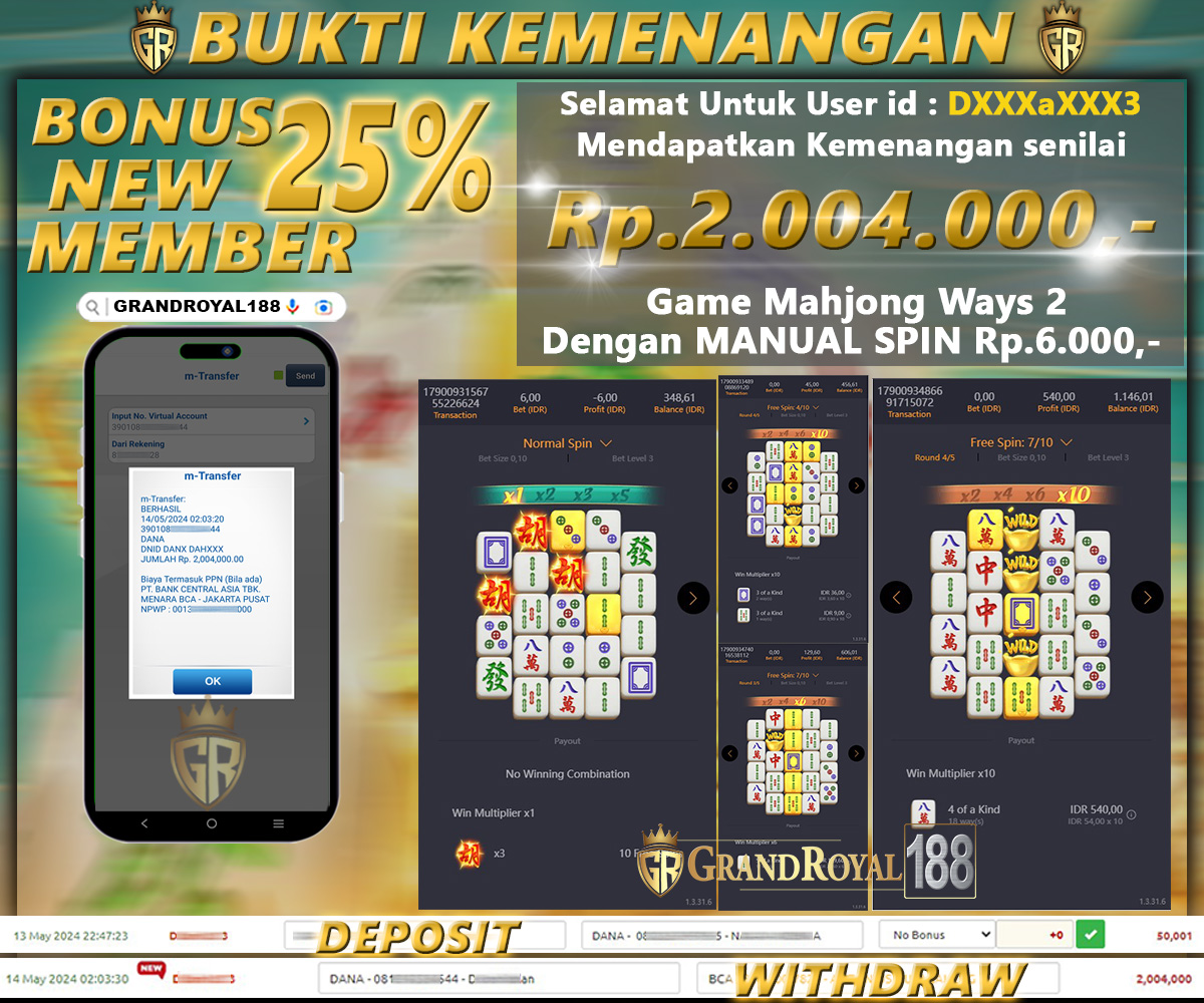 KEMENANGAN AWAL BULAN 14 MEI 2024
DI 𝐆𝐑𝐀𝐍𝐃𝐑𝐎𝐘𝐀𝐋𝟏𝟖𝟖 SITUS MUDAH CUAN
Mendapatkan Kemenangan Total senilai Rp. 2.000.000,-

#grandroyal188 #slotindonesia #slotmudahcuan #pgsoft #mahjongways #slotmudahmenang #slotmaxwin #slotjackpot #fypシ #fyp #pulsatanpapotongan