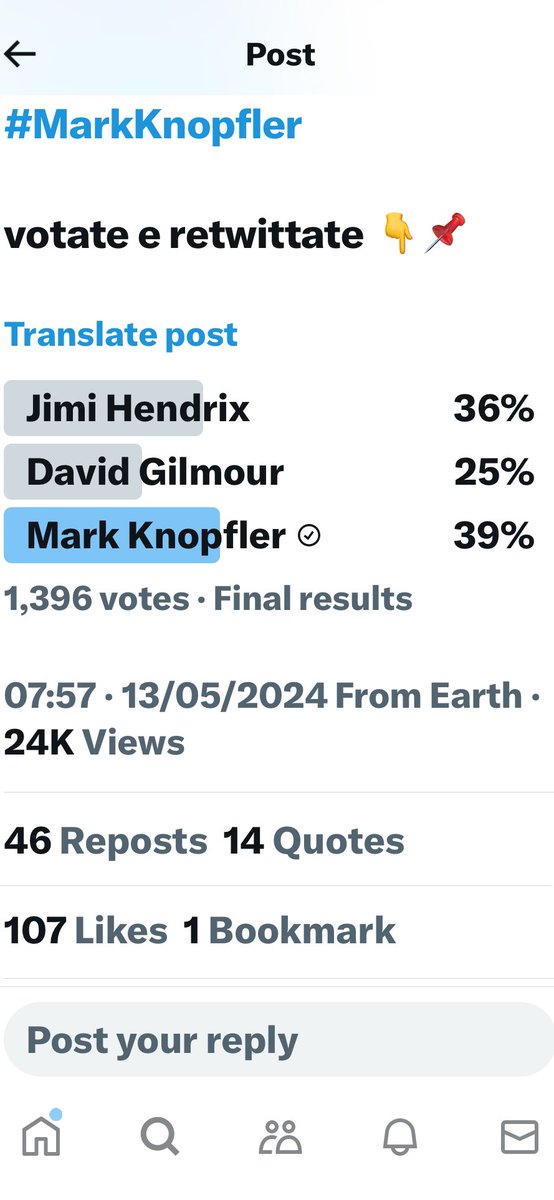 Mark Knopfler wins the Best guitarist contest 🔝🎸
24k views and 1400 votes in this final poll 👏👏🎸
#MarkKnopfler