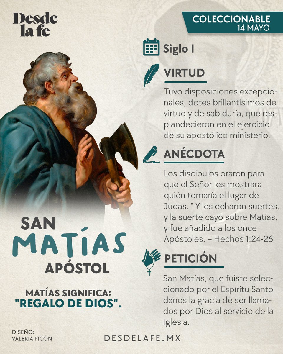 Este 14 de mayo celebramos a San Matías Apóstol, quien fue elegido por el Espíritu Santo para tomar el lugar de Judas, el traidor, entre los 12 apóstoles. #SanMatias, ruega por nosotros. 🙏 Lee más sobre él aquí: goo.su/IRiqnlx