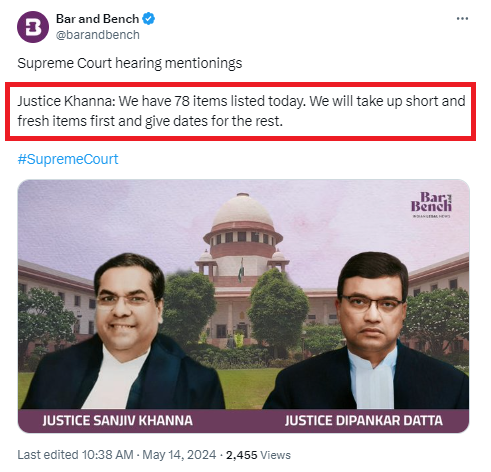 M/s #JusticeKhanna #JusticeDutta Instead of giving dates to pending matters, why not sit for more hours i.e. start at 9 & sit till 6PM on some days to accommodate more cases? If you keep giving dates like this, pendency will keep going up😎
#GreatIndianJudiciary #CJIChandrachud