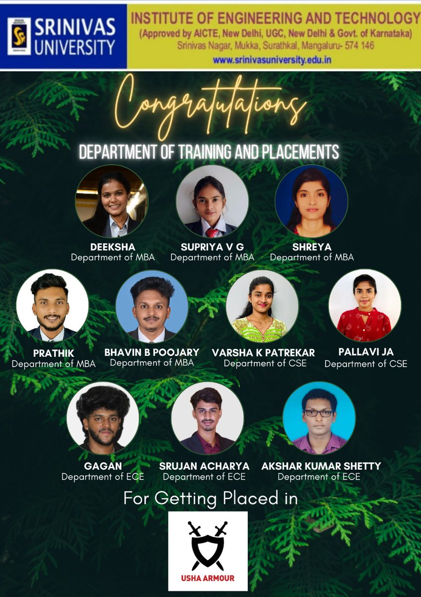 Congratulations to Varsha K Patrekar, Pallavi J A (Computer Science Engineering), Gagan, Srujan Acharya, Akshar Kumar Shetty (E&C Engg), Deeksha, Supriya V G, Shreya, Prathik, Bhavin B Poojary (MBA) for placed at Usha Armour Pvt Ltd., Bengaluru. 
#SUIET #SrinivasUniversity (1/n)
