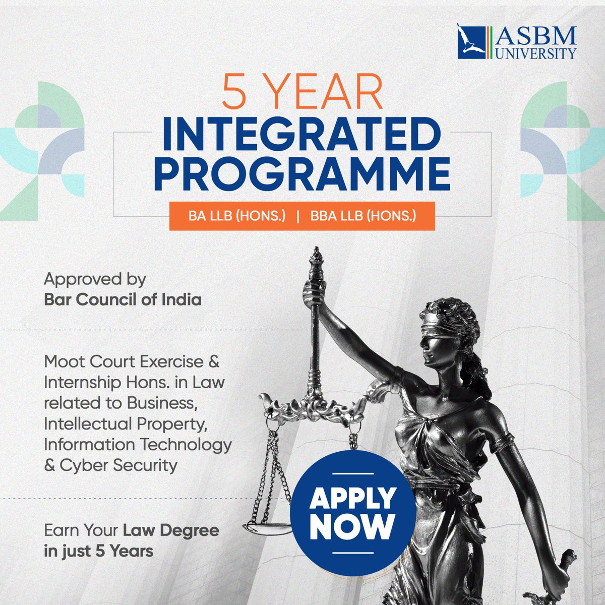 Suiting up has never been cooler.

Approved by the Bar Council of India, ASBM's 5 year Integrated law programme is the hottest degree in the industry now. Enroll now.

#ASBMUniversity #LawSchool #InspiringMinds