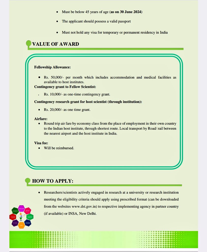 Call for applications from #Scientists & #Researchers from neighboring countries incl. #Maldives🇲🇻 to work at premier research institutions in India under 
@IndiaDST🇮🇳's India Science & Research Fellowship(#ISRF) 2024-25.

Details ➡️ dst.gov.in/callforproposa…