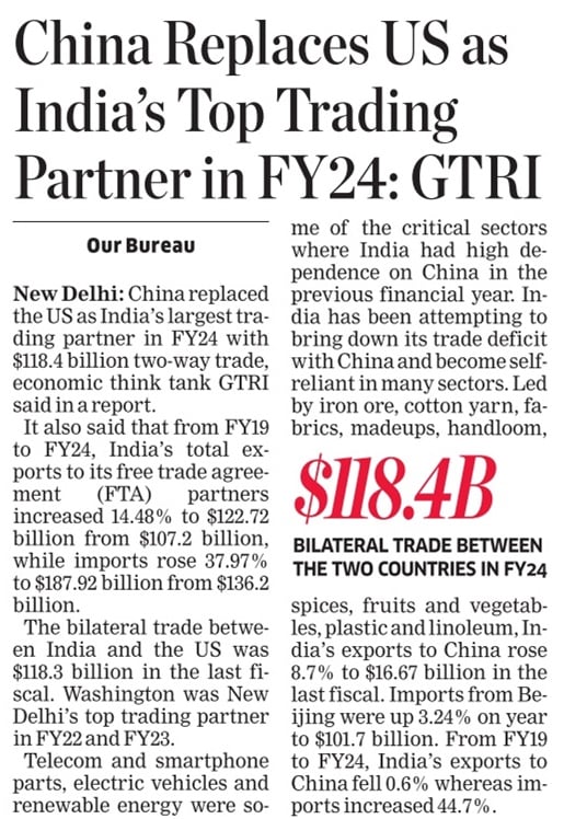 Another Modi Masterstroke.
China Replaces US as India’s Top Trading Partner in FY24.
Imports from China are at $101.7 billion.
From FY19 to FY24, India’s exports to China fell 0.6% whereas imports increased 44.7%.
Trust Modi to do exact opposite of what he says in speeches.