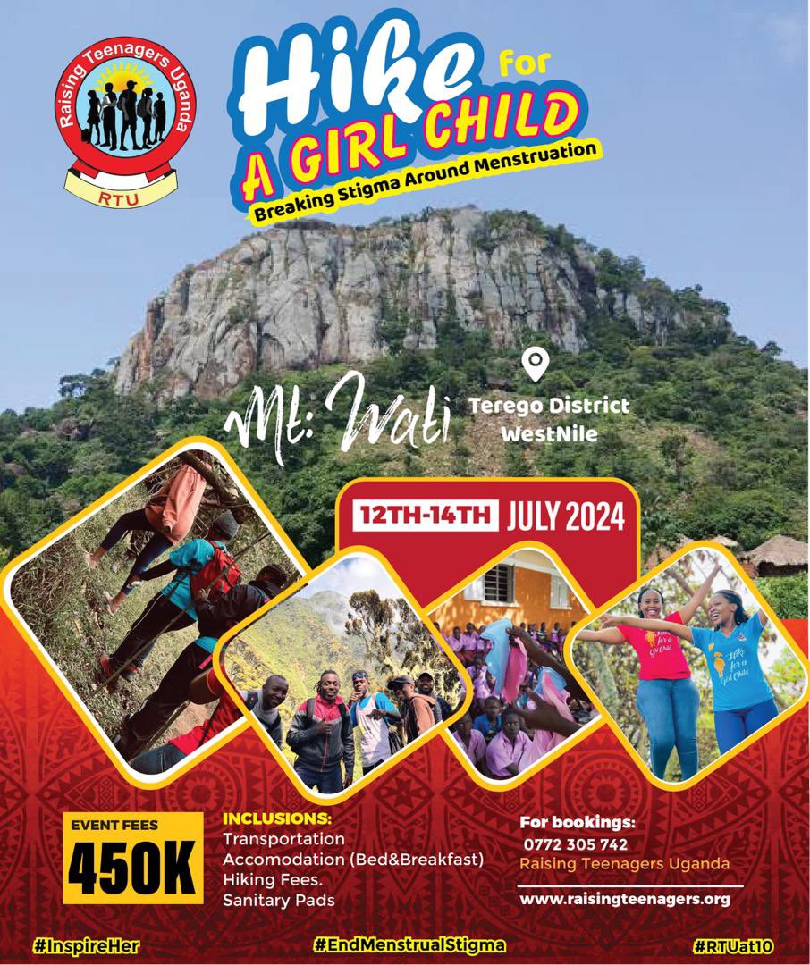 Join a community dedicated to transforming lives at this year's #Hike4GirlsUg event Led by @RaisingTeensUg2, committed to #EndMenstrualStigma and celebrate #RTUAt10. Be part of this meaningful cause and make a difference in the lives of girls everywhere. Let's hike for change