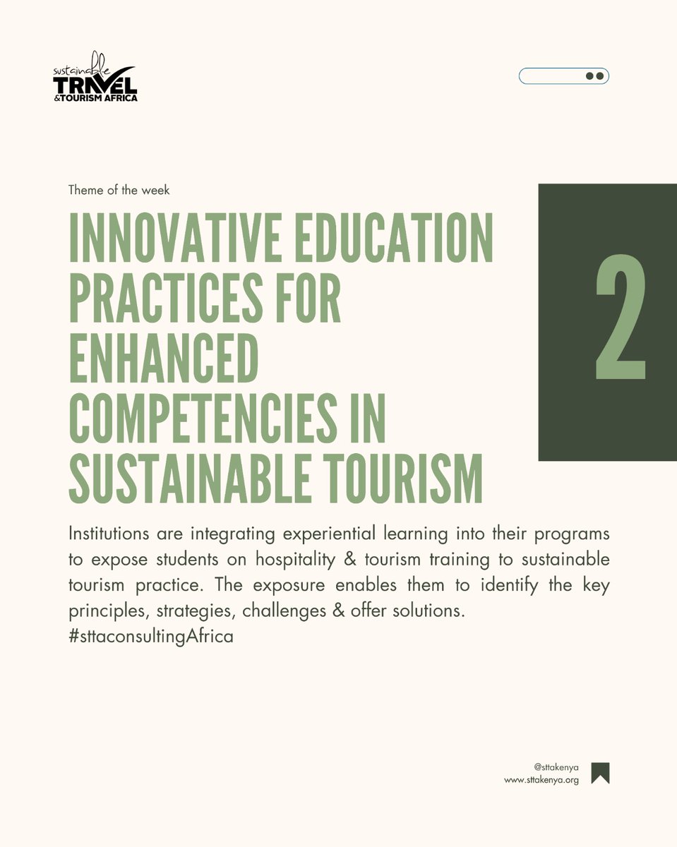 Institutions are integrating experiential learning into their programs to expose students on hospitality & tourism training to sustainable tourism practice. The exposure enables them to identify the key principles, strategies, challenges & offer solutions. #sttaconsultingAfrica